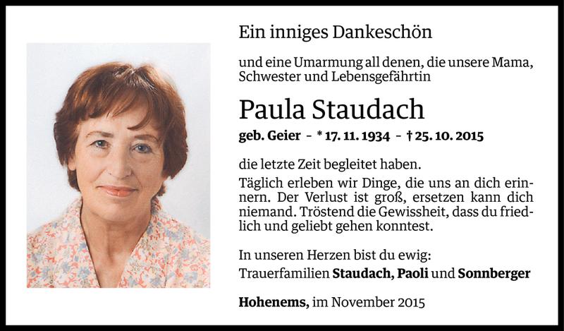  Todesanzeige für Paula Staudach vom 21.11.2015 aus Vorarlberger Nachrichten