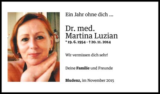 Todesanzeige von Martina Luzian von Vorarlberger Nachrichten