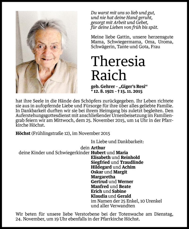  Todesanzeige für Theresia Raich vom 20.11.2015 aus Vorarlberger Nachrichten