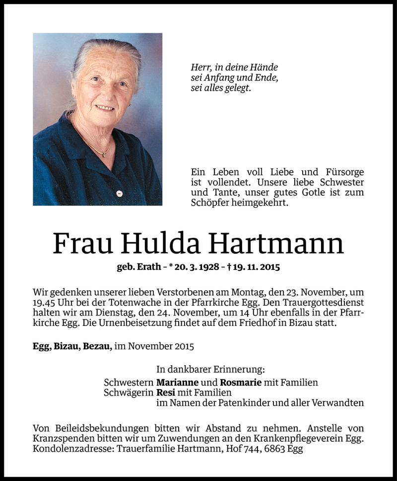  Todesanzeige für Hulda Hartmann vom 20.11.2015 aus Vorarlberger Nachrichten