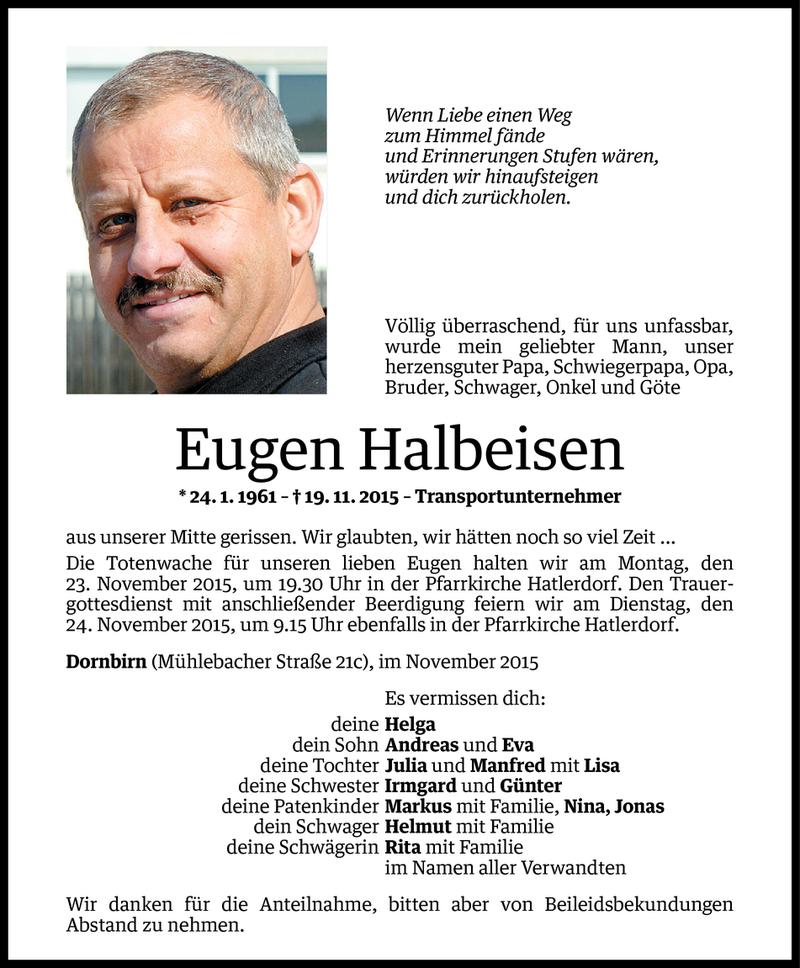  Todesanzeige für Eugen Halbeisen vom 21.11.2015 aus Vorarlberger Nachrichten