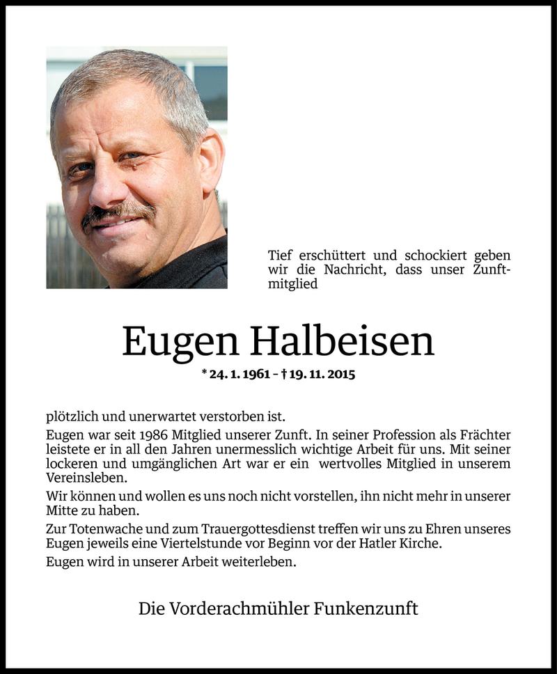 Todesanzeige für Eugen Halbeisen vom 20.11.2015 aus Vorarlberger Nachrichten