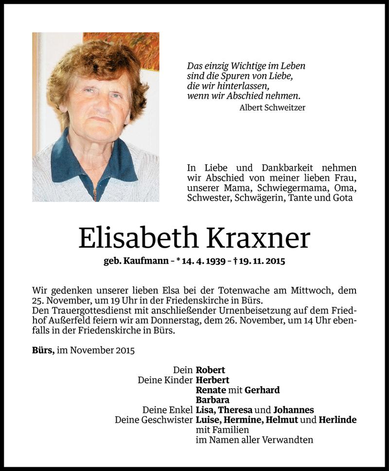  Todesanzeige für Elisabeth Kraxner vom 24.11.2015 aus Vorarlberger Nachrichten