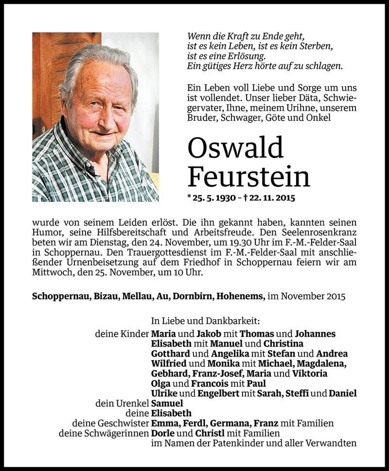  Todesanzeige für Oswald Feurstein vom 23.11.2015 aus Vorarlberger Nachrichten