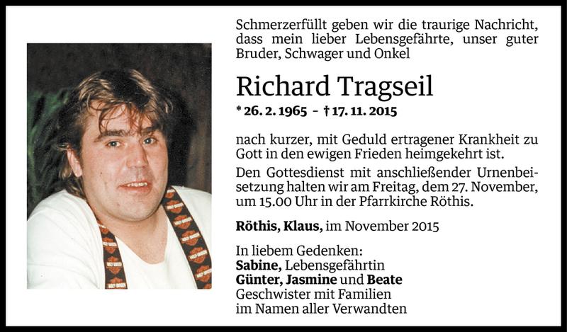  Todesanzeige für Richard Tragseil vom 25.11.2015 aus Vorarlberger Nachrichten