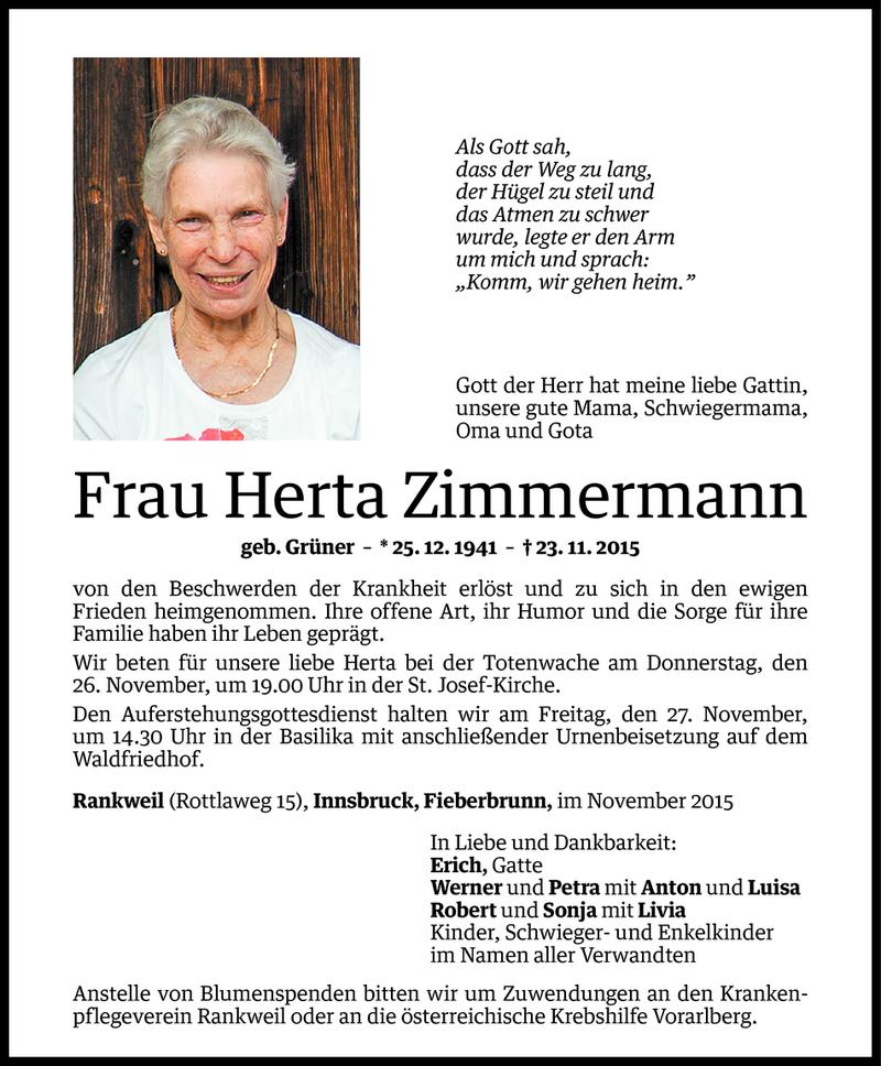  Todesanzeige für Herta Zimmermann vom 25.11.2015 aus Vorarlberger Nachrichten