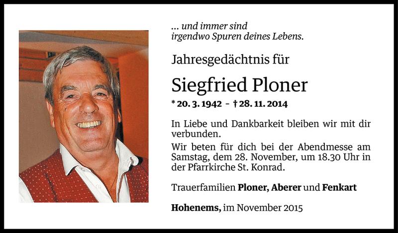  Todesanzeige für Siegfried Ploner vom 27.11.2015 aus Vorarlberger Nachrichten