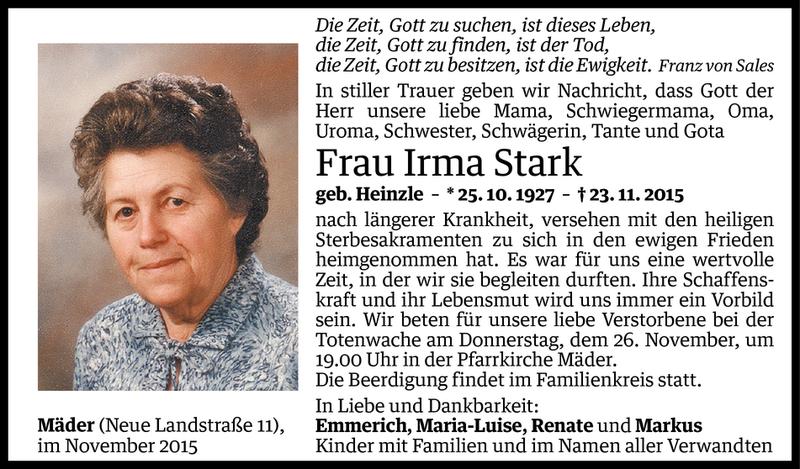  Todesanzeige für Irma Stark vom 25.11.2015 aus Vorarlberger Nachrichten