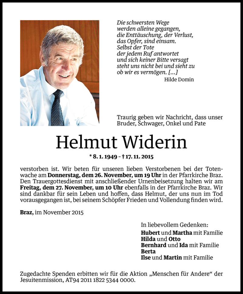  Todesanzeige für Helmut Widerin vom 25.11.2015 aus Vorarlberger Nachrichten