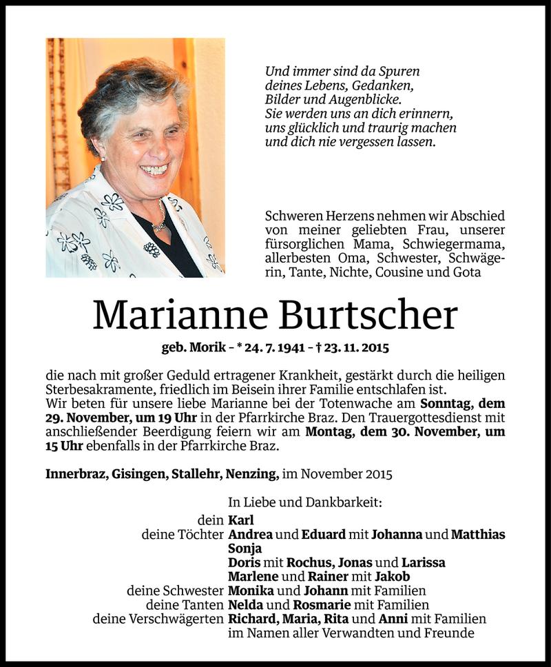  Todesanzeige für Marianne Burtscher vom 27.11.2015 aus Vorarlberger Nachrichten