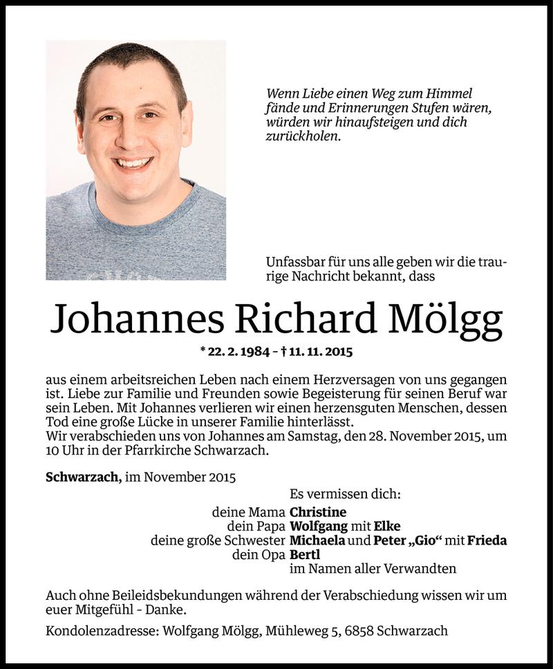  Todesanzeige für Johannes Richard Mölgg vom 24.11.2015 aus Vorarlberger Nachrichten