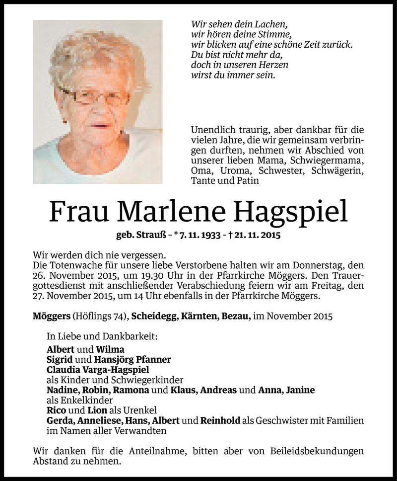  Todesanzeige für Marlene Hagspiel vom 24.11.2015 aus Vorarlberger Nachrichten