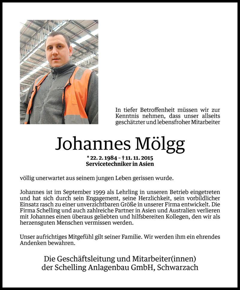  Todesanzeige für Johannes Richard Mölgg vom 24.11.2015 aus Vorarlberger Nachrichten