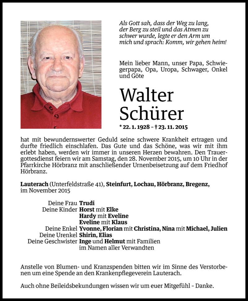  Todesanzeige für Walter Schürer vom 25.11.2015 aus Vorarlberger Nachrichten