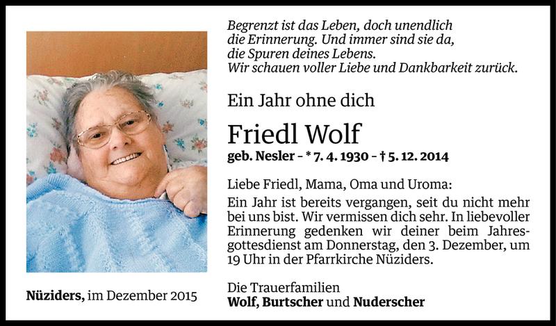  Todesanzeige für Friedl Wolf vom 30.11.2015 aus Vorarlberger Nachrichten