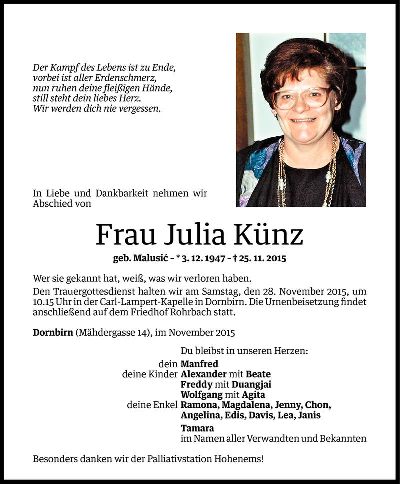  Todesanzeige für Julia Künz vom 25.11.2015 aus Vorarlberger Nachrichten