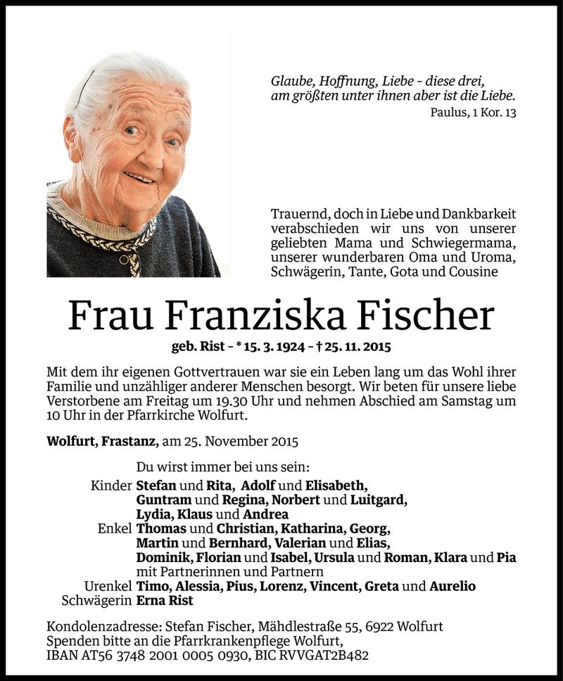  Todesanzeige für Franziska Fischer vom 25.11.2015 aus Vorarlberger Nachrichten