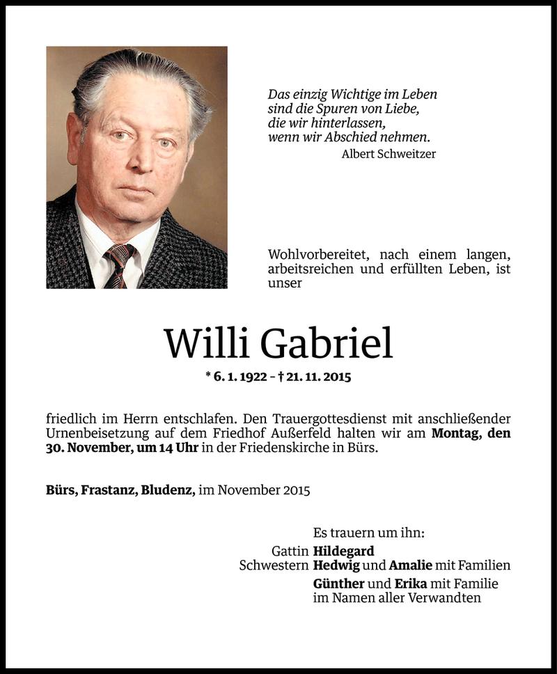  Todesanzeige für Willi Gabriel vom 27.11.2015 aus Vorarlberger Nachrichten