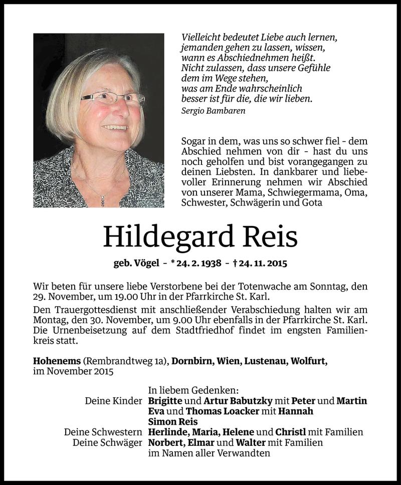  Todesanzeige für Hildegard Reis vom 27.11.2015 aus Vorarlberger Nachrichten