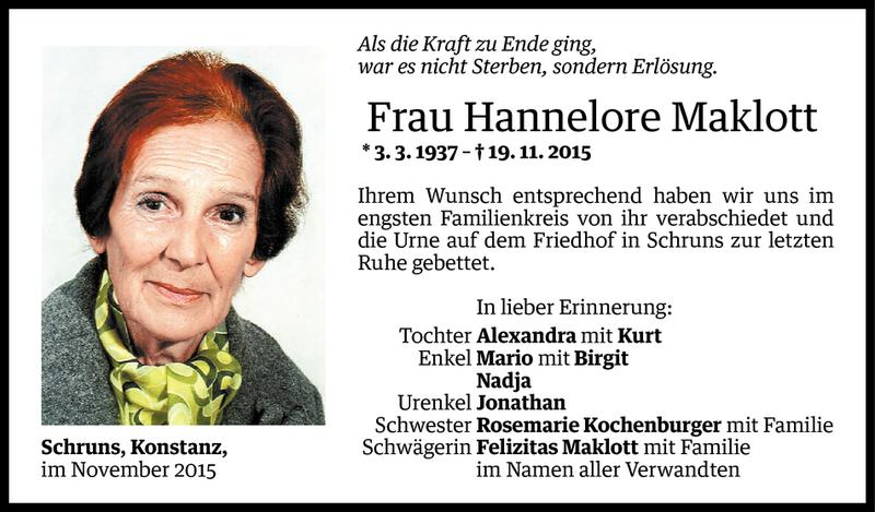  Todesanzeige für Hannelore Maklott vom 28.11.2015 aus Vorarlberger Nachrichten