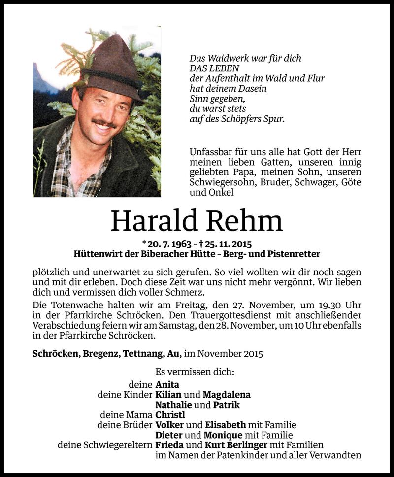  Todesanzeige für Harald Rehm vom 26.11.2015 aus Vorarlberger Nachrichten