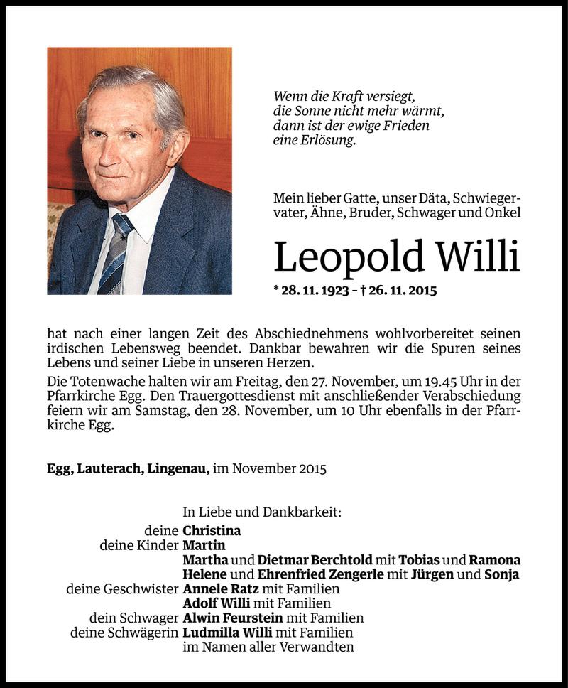  Todesanzeige für Leopold Willi vom 26.11.2015 aus Vorarlberger Nachrichten