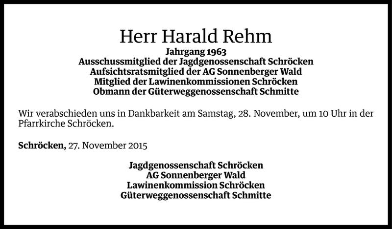  Todesanzeige für Harald Rehm vom 27.11.2015 aus Vorarlberger Nachrichten