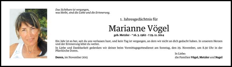  Todesanzeige für Marianne Vögel vom 27.11.2015 aus Vorarlberger Nachrichten