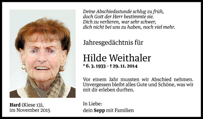  Todesanzeige für Hilde Weithaler vom 27.11.2015 aus Vorarlberger Nachrichten