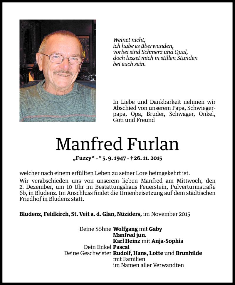  Todesanzeige für Manfred Furlan vom 30.11.2015 aus Vorarlberger Nachrichten