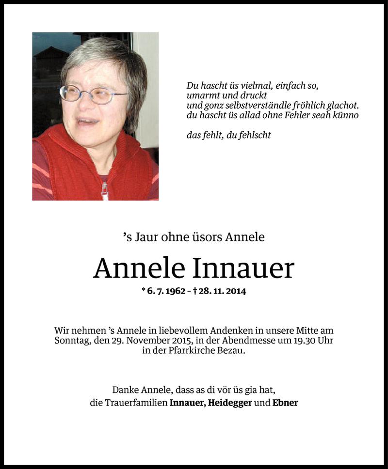 Todesanzeige für Annele Innauer vom 27.11.2015 aus Vorarlberger Nachrichten