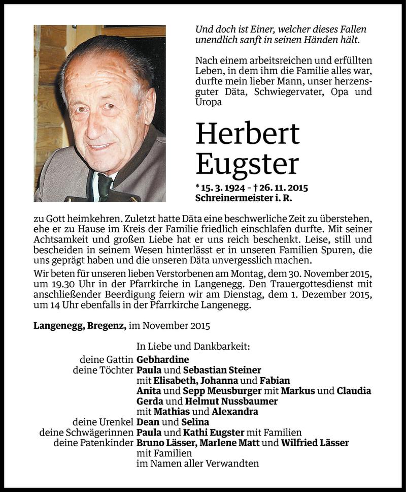  Todesanzeige für Herbert Eugster­ vom 27.11.2015 aus Vorarlberger Nachrichten