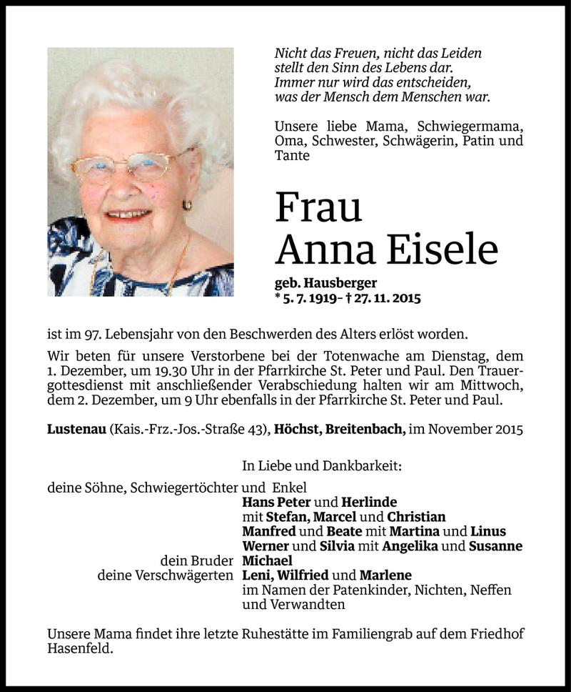  Todesanzeige für Anna Eisele vom 27.11.2015 aus Vorarlberger Nachrichten