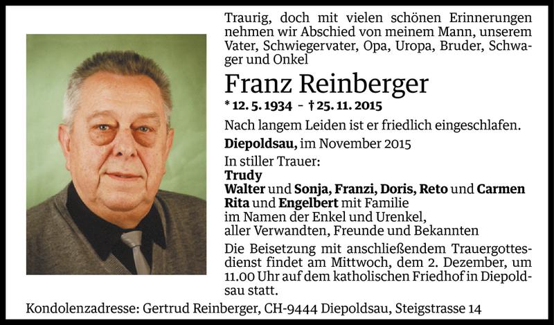  Todesanzeige für Franz Reinberger vom 30.11.2015 aus Vorarlberger Nachrichten