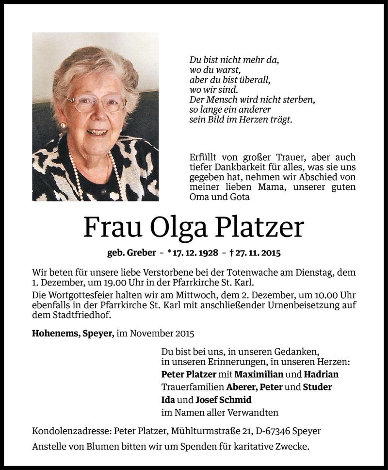  Todesanzeige für Olga Platzer vom 30.11.2015 aus Vorarlberger Nachrichten