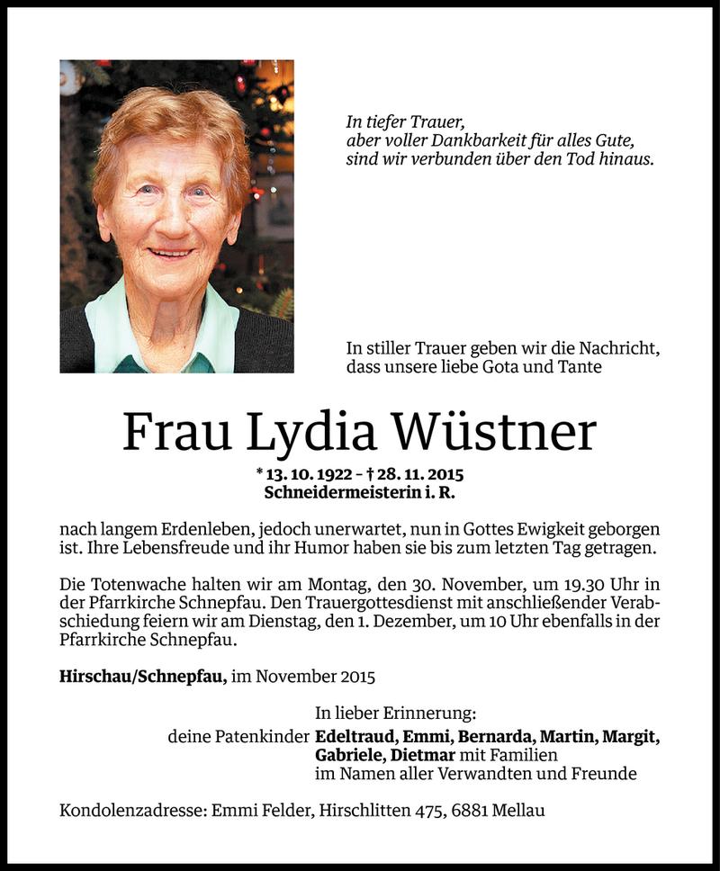  Todesanzeige für Lydia Wüstner vom 29.11.2015 aus Vorarlberger Nachrichten