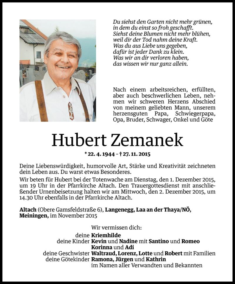  Todesanzeige für Hubert Zemanek vom 29.11.2015 aus Vorarlberger Nachrichten