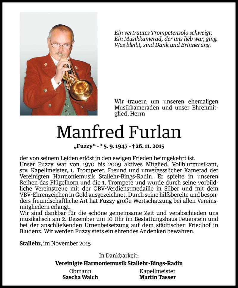  Todesanzeige für Manfred Furlan vom 30.11.2015 aus Vorarlberger Nachrichten