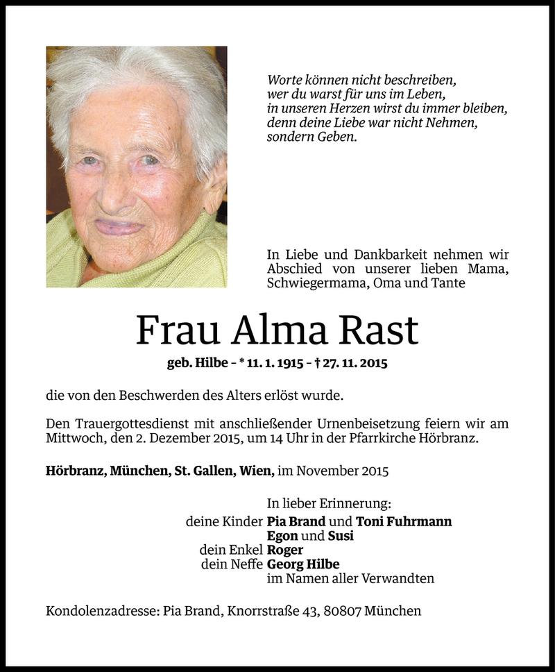  Todesanzeige für Alma Rast vom 29.11.2015 aus Vorarlberger Nachrichten
