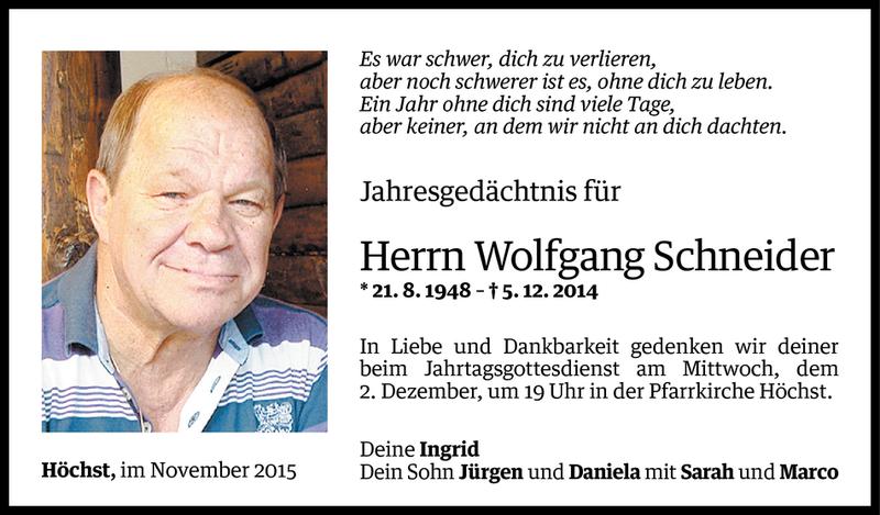  Todesanzeige für Wolfgang Schneider vom 29.11.2015 aus Vorarlberger Nachrichten