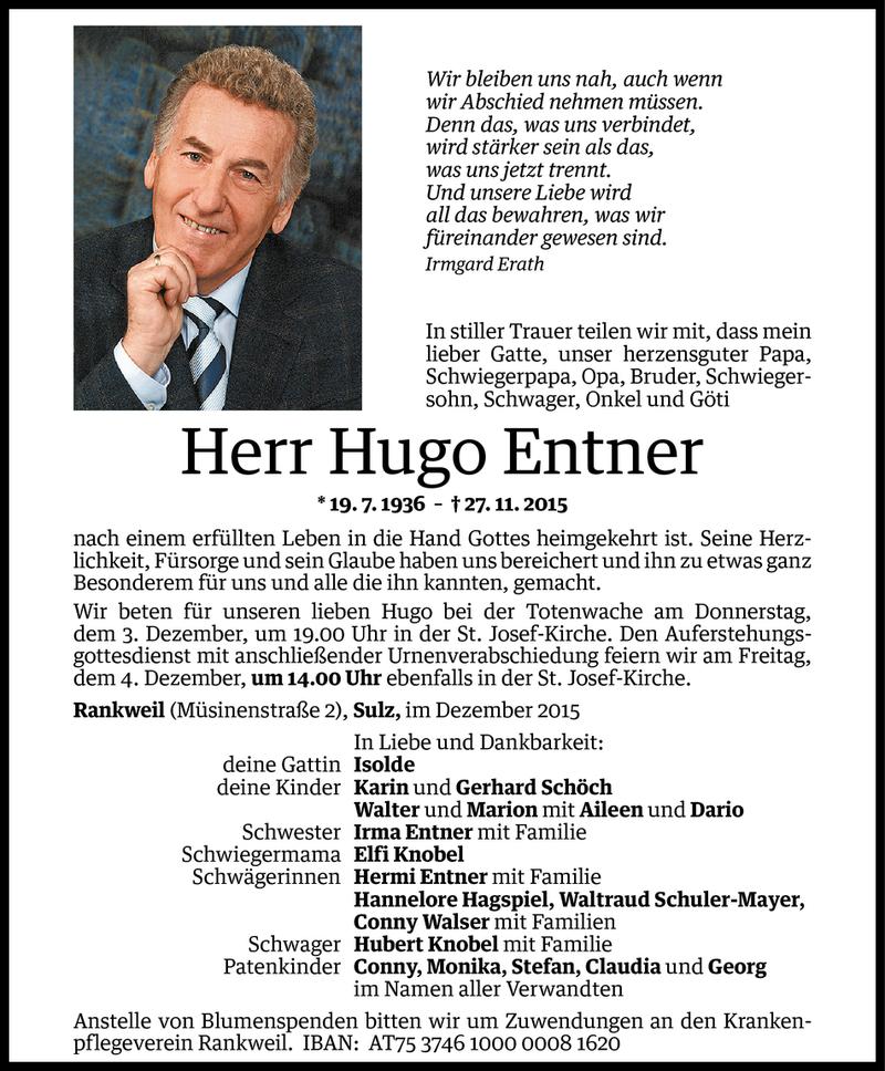  Todesanzeige für Hugo Entner vom 01.12.2015 aus Vorarlberger Nachrichten