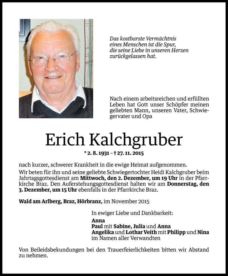  Todesanzeige für Erich Kalchgruber vom 01.12.2015 aus Vorarlberger Nachrichten