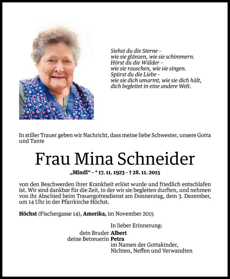  Todesanzeige für Mina Schneider vom 30.11.2015 aus Vorarlberger Nachrichten