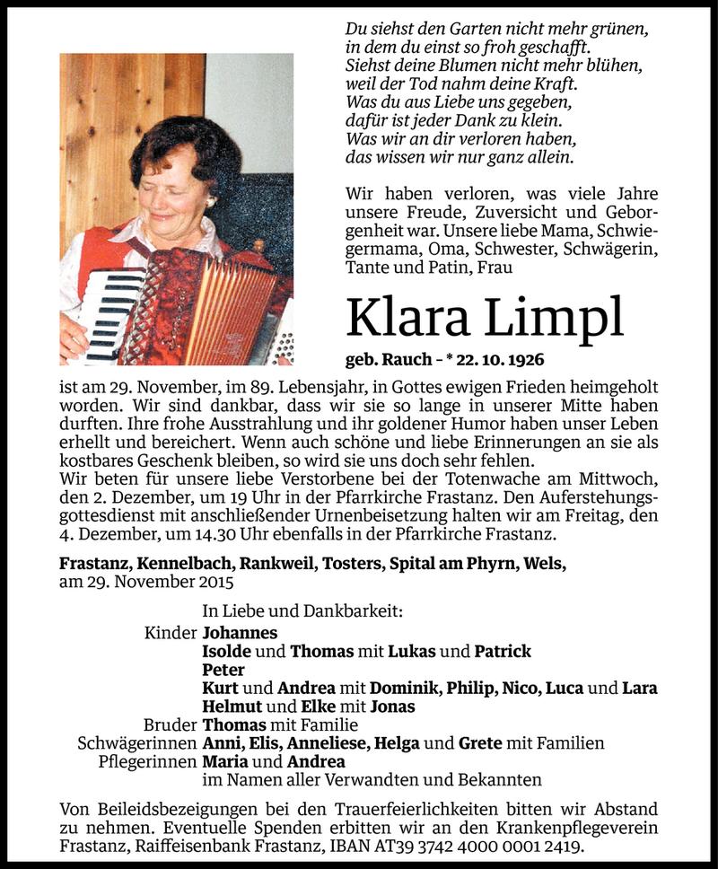  Todesanzeige für Klara Limpl vom 30.11.2015 aus Vorarlberger Nachrichten