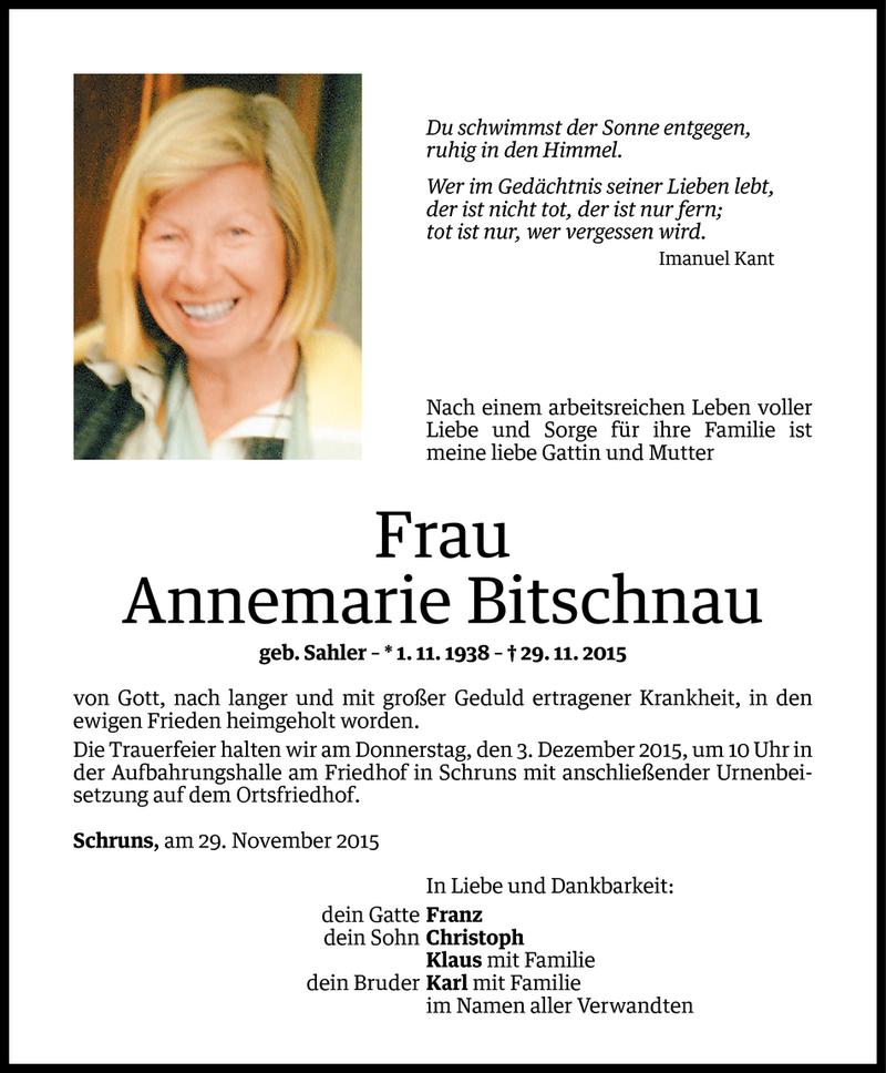  Todesanzeige für Annemarie Bitschnau vom 30.11.2015 aus Vorarlberger Nachrichten