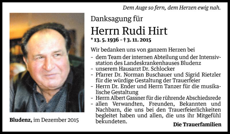  Todesanzeige für Rudi Hirt vom 04.12.2015 aus Vorarlberger Nachrichten