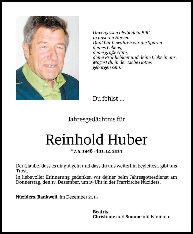  Todesanzeige für Reinhold Huber vom 15.12.2015 aus Vorarlberger Nachrichten