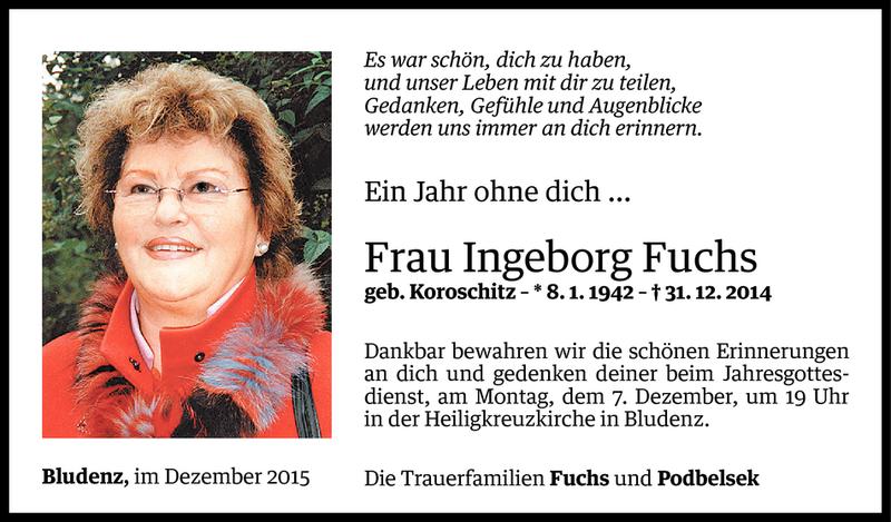  Todesanzeige für Ingeborg Fuchs vom 04.12.2015 aus Vorarlberger Nachrichten