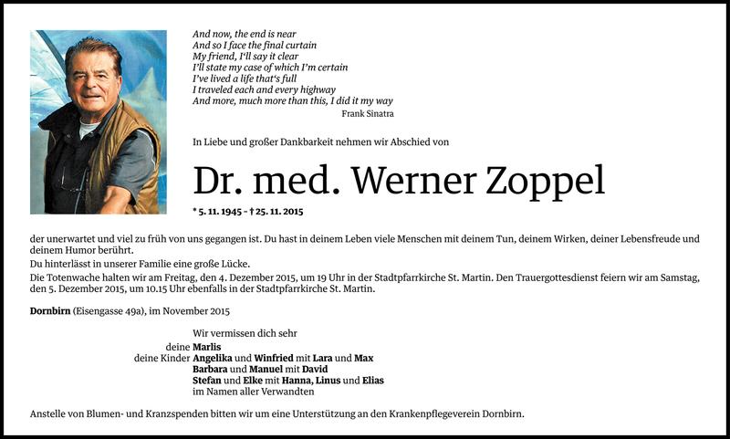  Todesanzeige für Werner Zoppel vom 01.12.2015 aus Vorarlberger Nachrichten