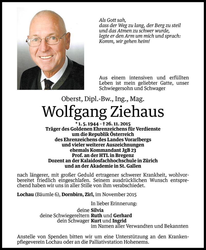  Todesanzeige für Wolfgang Ziehaus vom 02.12.2015 aus Vorarlberger Nachrichten